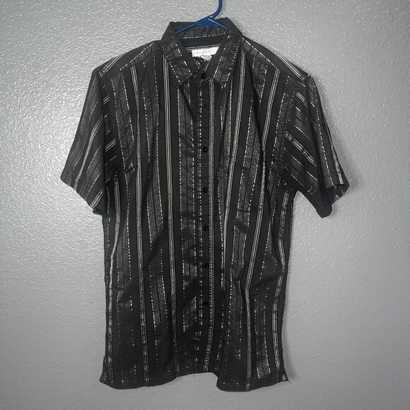 Marquis Men's Black & Silver Abstract Striped Short Sleeve Button-Up – Size Medi - Picture 1 of 3